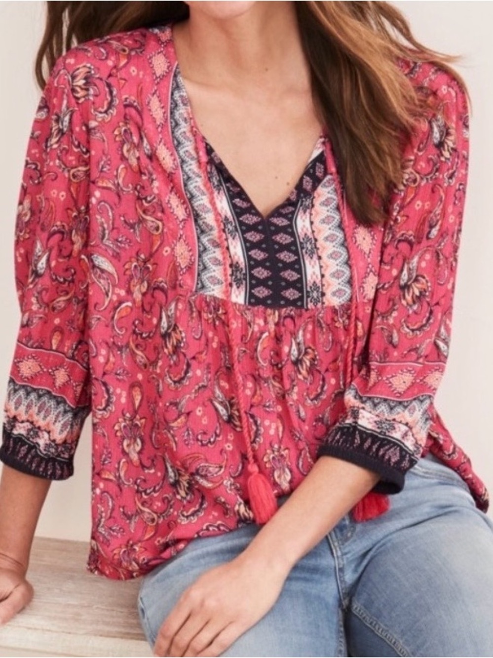 Garnet Hill Border Print Boho Blouse